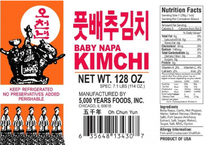 5000 Years Foods, Inc. recall cabbage Kimchi due to Listeria monocytogenes