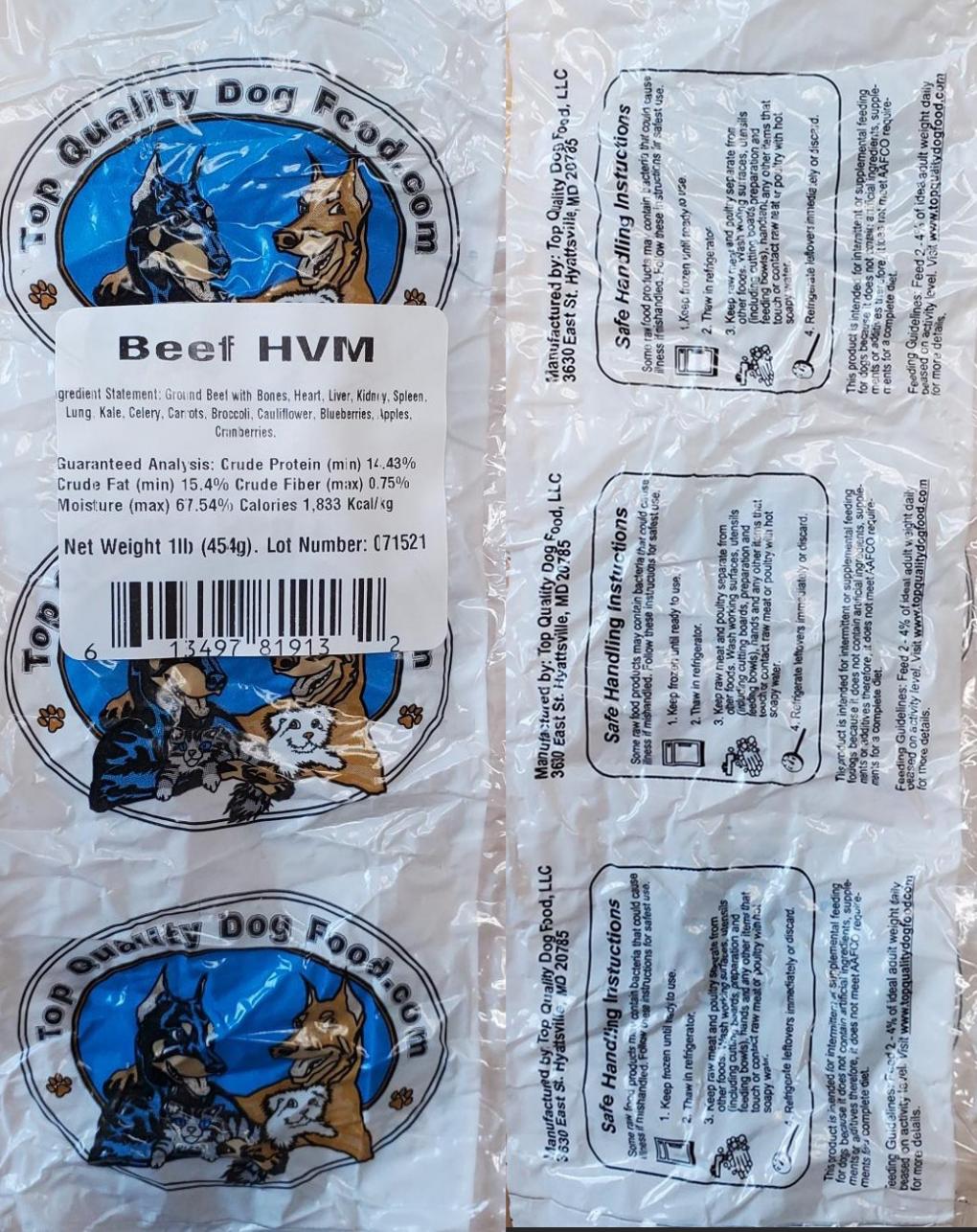 Top Quality dog food recalled Beef HVM due to Salmonella and Listeria Monocytogenes
