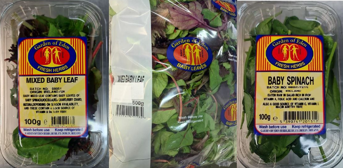 In Ireland, batches of Garden of Eden Baby Spinach & Mixed Baby Leaf products were recalled due to Listeria monocytogenes