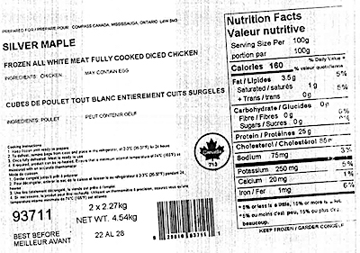 CFIA announced that Silver Maple frozen all white meat fully cooked diced chicken recalled due to Listeria monocytogenes