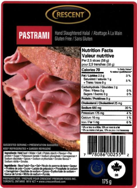 Crescent Pastrami and Turkey Breast Tuscan Flavored recalled in Canada due to Listeria monocytogenes