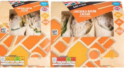 In the UK Aldi recalls Eat + Go Chicken & Bacon Caesar Wrap and Eat + Go Chicken & Bacon Caesar Wrap Triple due to Salmonella