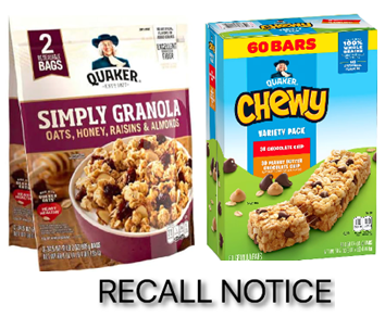 Quaker recalls Granola Bars and Granola Cereals due to Salmonella contamination