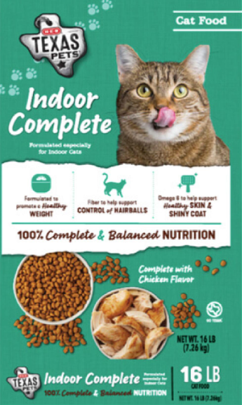 TFP Nutrition recalled 16 lb. bags of HEB TEXAS PETS Indoor Complete Dry Cat Food due to Salmonella