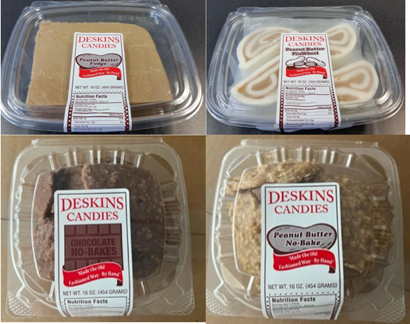 Deskins Candies recalled Peanut Butter Fudge, Peanut Butter No-Bake, Chocolate No Bake, and Peanut Butter Pinwheel due to Salmonella